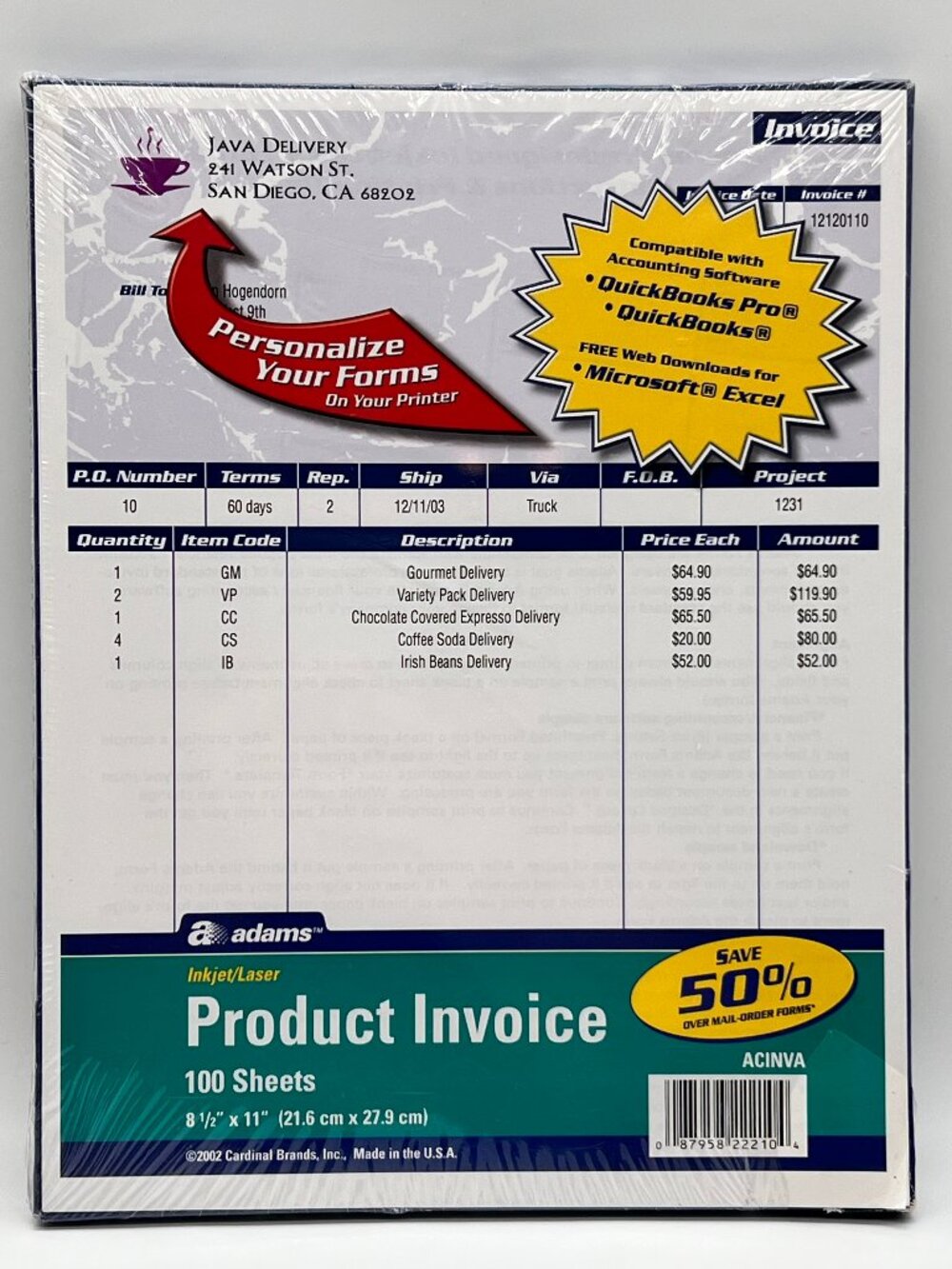 ADAMS Inkjet/Laser Product Invoice 100 Sheets 8-1/2 x 11" Made in USA NEW SEALED